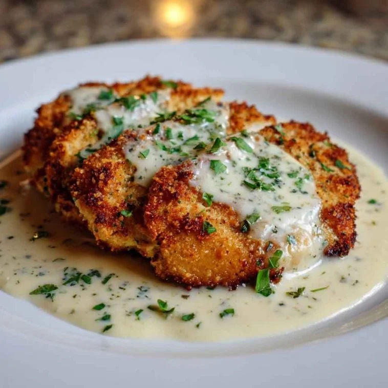 Delicious Parmesan Crusted Chicken served with creamy garlic sauce on a plate