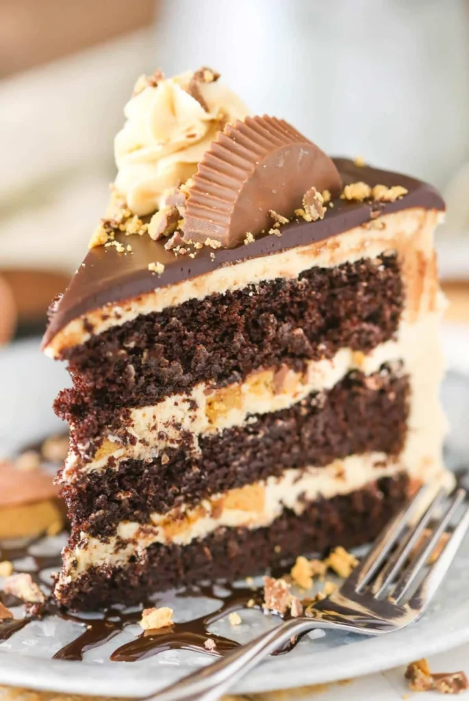 Delicious Peanut Butter Chocolate Layer Cake with rich chocolate layers and creamy frosting