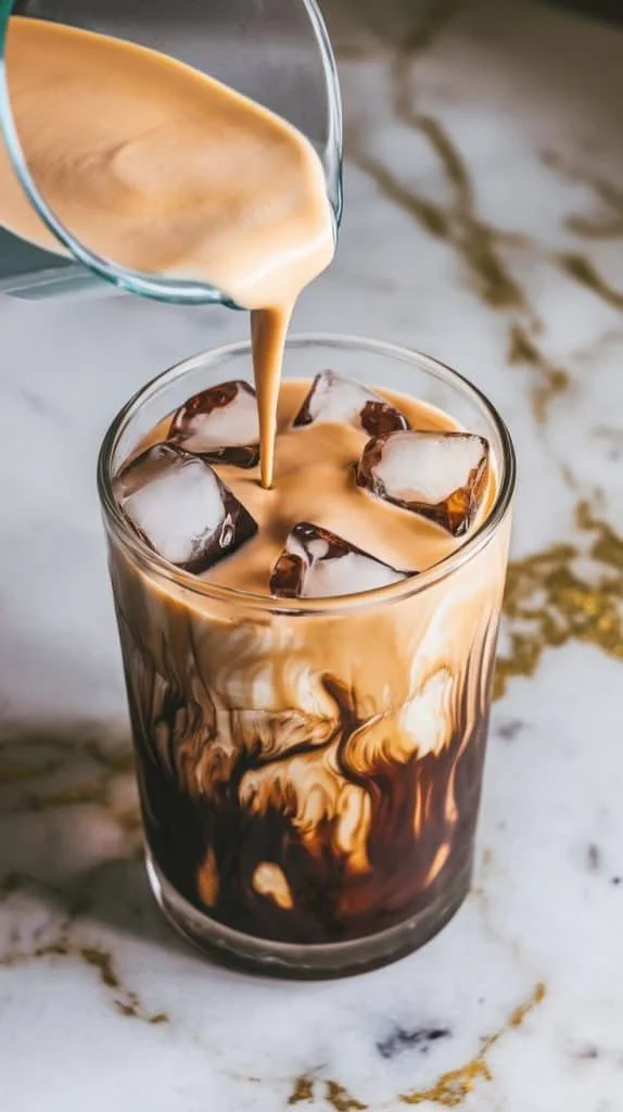 Delicious Peanut Butter Cream Cold Brew served in a clear glass with ice.