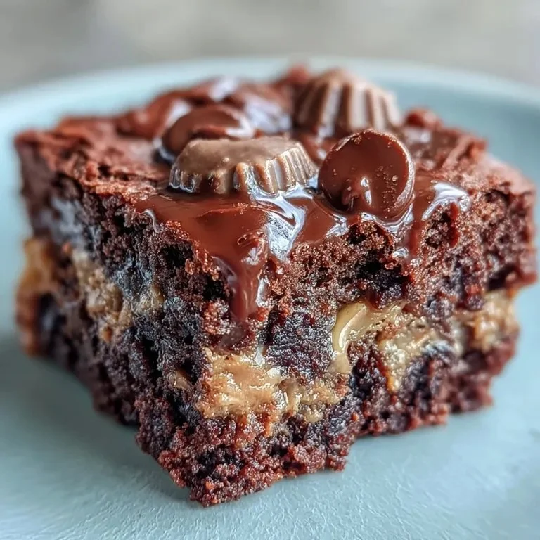 Delicious Peanut Butter Cup Dump Cake topped with chocolate and peanut butter cups