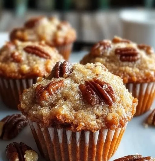 Pecan pie muffins topped with brown sugar and pecans, served on a wooden platter.