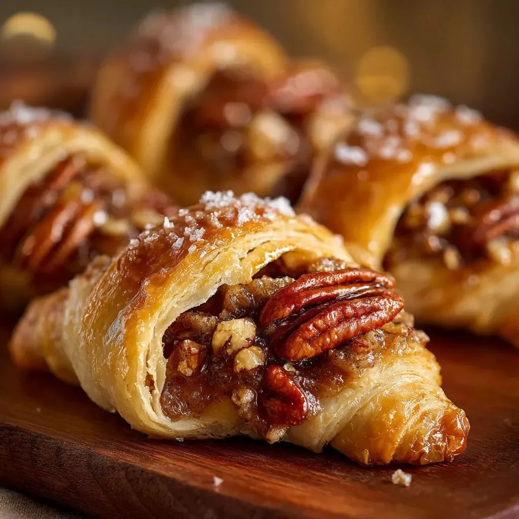Delicious Pecan Pie Crescents arranged on a plate with a festive backdrop
