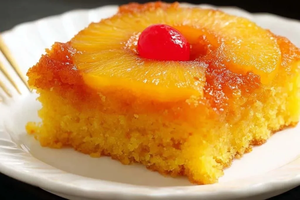 Delicious Pineapple Upside Down Cake with a caramel glaze and pineapple slices