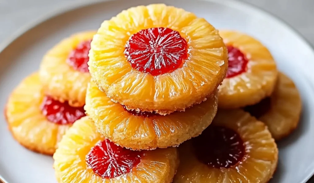 Pineapple Upside-Down Cookies arranged on a plate with a cherry on top.