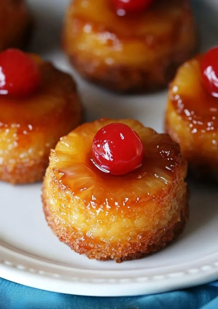 Pineapple upside-down cupcakes topped with cherries and caramel glaze.