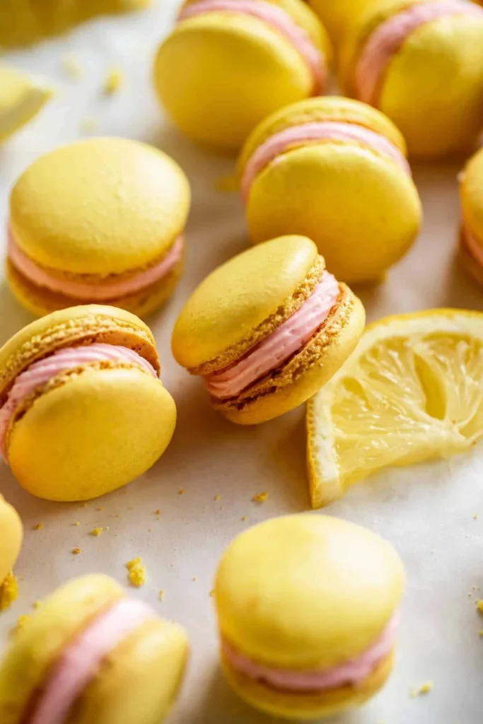 Pink Lemonade Macarons with a vibrant pink color and lemon slices for garnish
