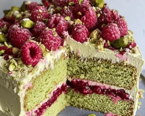 A beautifully decorated Pistachio Raspberry Cake with vibrant raspberries and green pistachios.