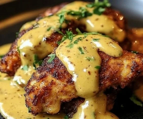 Delicious Pretzel Chicken with Mustard-Cheddar Sauce served on a plate