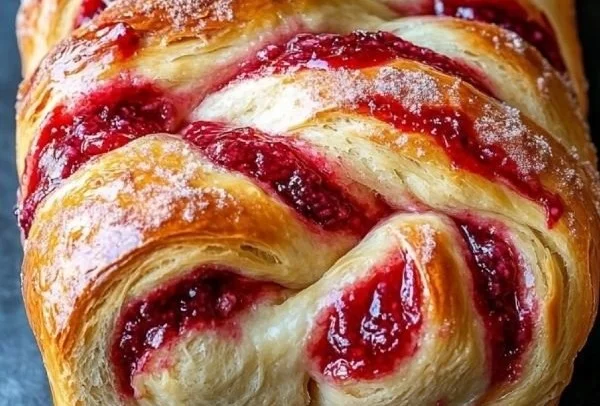 Freshly baked Raspberry Swirl Brioche Loaf with vibrant raspberry filling.