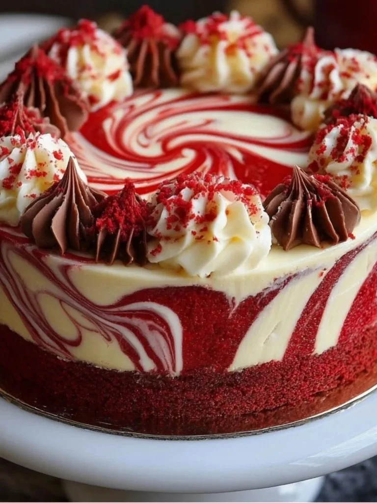 Decadent Red Velvet Cheesecake Swirl Cake with cream cheese frosting and swirls