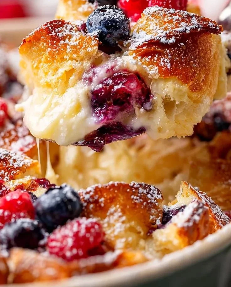 Rich sweet croissant breakfast casserole baked to perfection with custard and fruit.