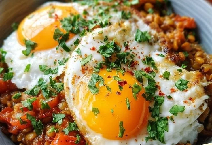 Savory lentil breakfast bowl with fresh vegetables and herbs