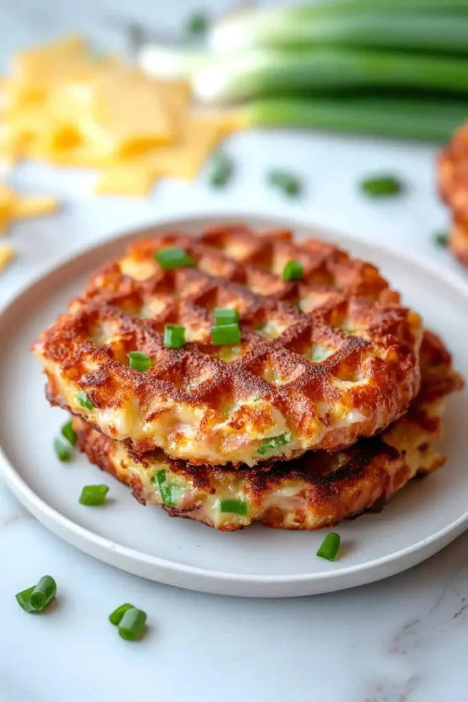 Savory tuna melt chaffle topped with cheese and herbs on a plate