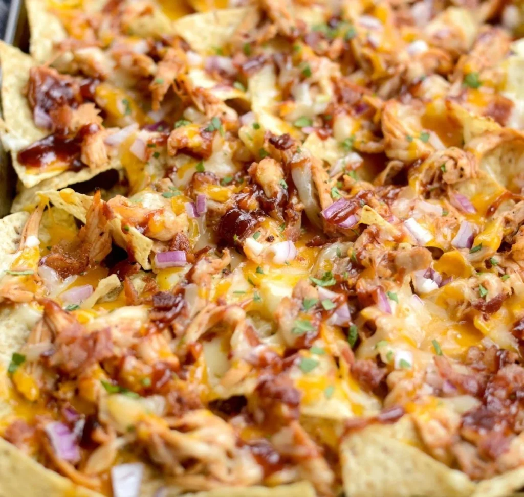 Delicious Sheet Pan BBQ Chicken Nachos topped with cheese and fresh toppings.