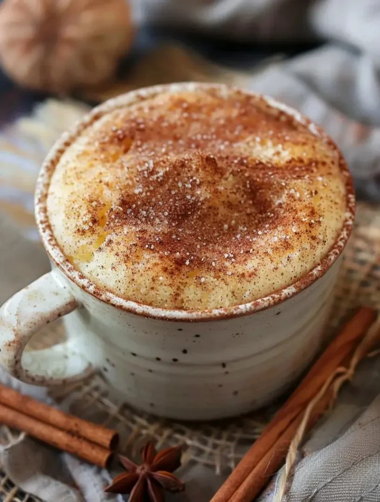 Delicious snickerdoodle mug cake in a ceramic mug on a wooden table