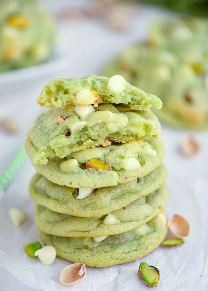 Soft and chewy pistachio pudding cookies on a plate