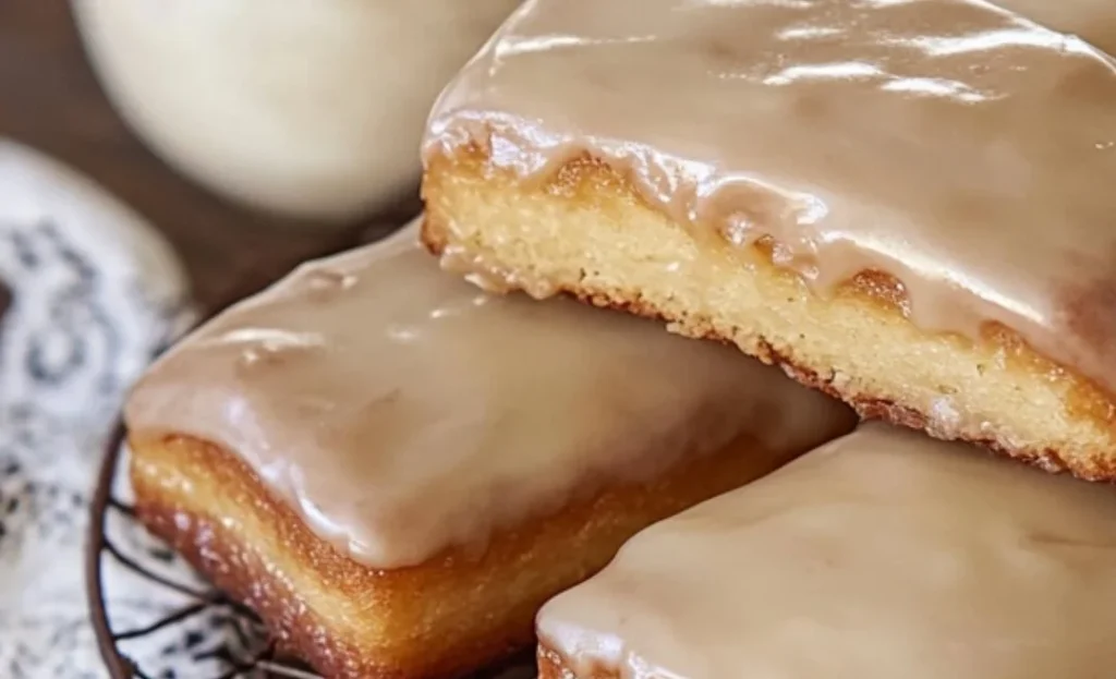 Soft baked maple donut bars on a plate with a drizzle of maple icing