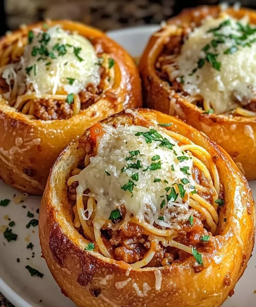Spaghetti garlic bread bowls filled with delicious pasta and crispy garlic bread