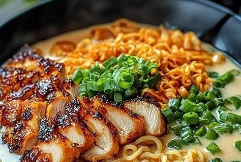 Bowl of spicy chicken ramen with fresh ingredients and garnishes