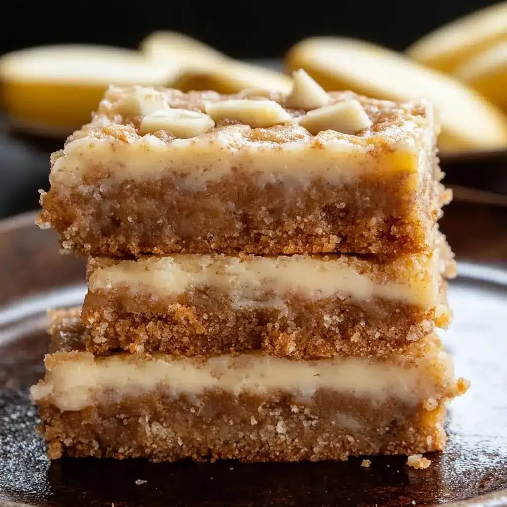 Delicious sticky banana bars topped with chocolate and nuts