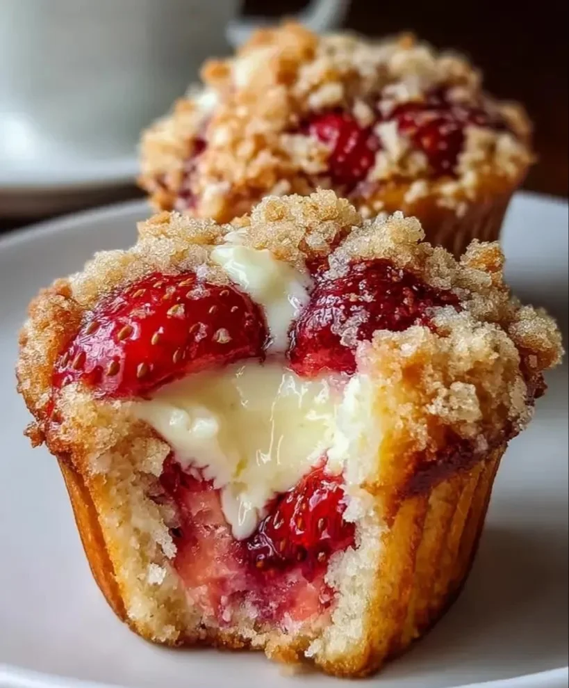 Strawberry Cream Cheese Muffins fresh out of the oven, topped with strawberries