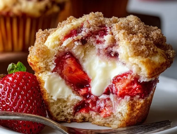 Freshly baked Strawberry Cream Cheese Muffins with strawberries on top