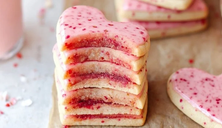 Fresh strawberry shortbread cookies arranged on a rustic table.