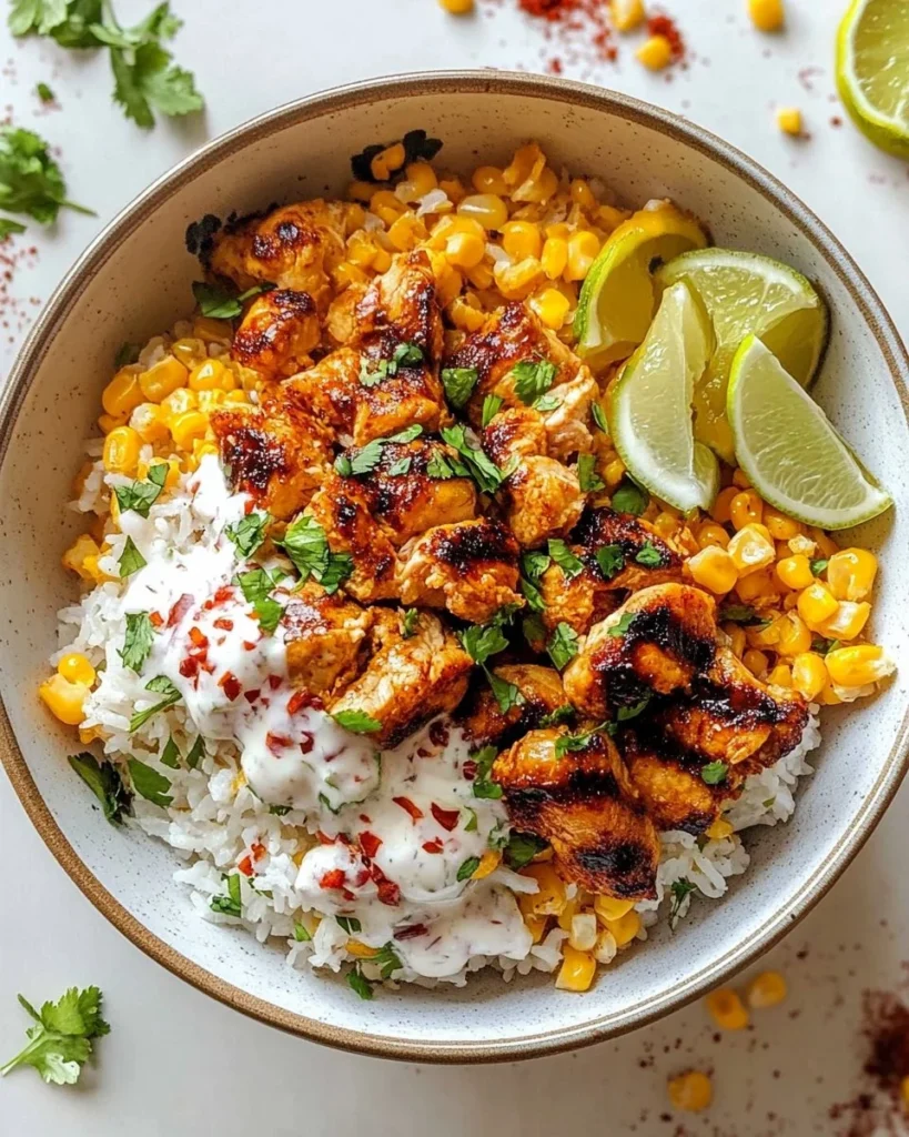 Delicious Street Corn Chicken Rice Bowl topped with fresh ingredients and spices.