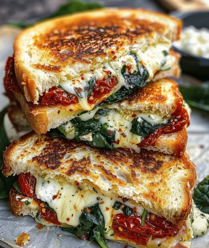 Sun-dried tomato, spinach, and ricotta grilled cheese sandwich on a plate