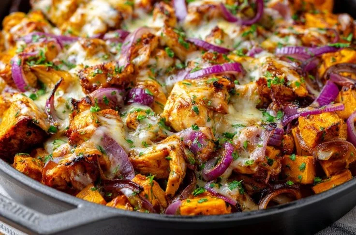Sweet potato skillet with BBQ chicken and melted cheese topped with herbs