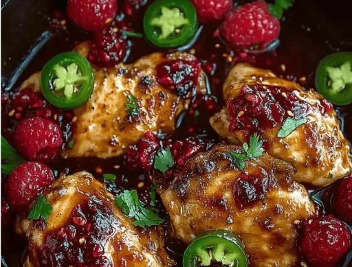 Plate of Sweet & Spicy Jalapeño Raspberry Chicken garnished with fresh herbs