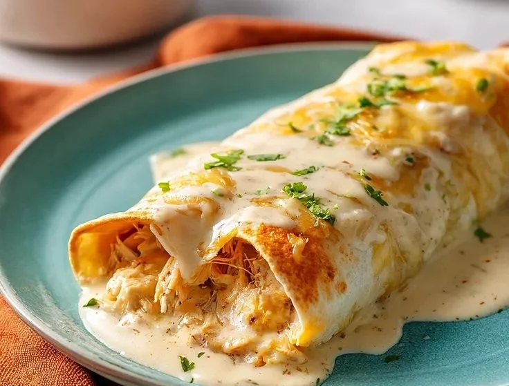 Delicious white rotisserie chicken enchiladas topped with cheese and sauce