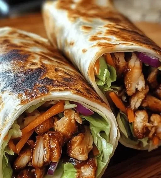 Delicious teriyaki chicken wraps on a plate, garnished with fresh vegetables.
