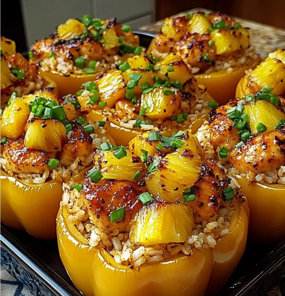 Teriyaki chicken stuffed peppers with pineapple and rice