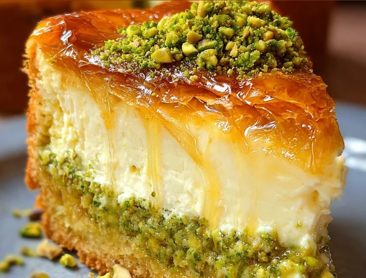 Delicious baklava pistachio cheesecake slice on a plate