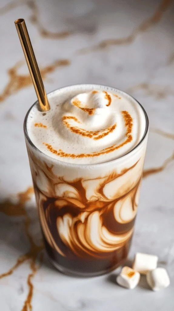 Toasted marshmallow cold brew coffee with marshmallows on top