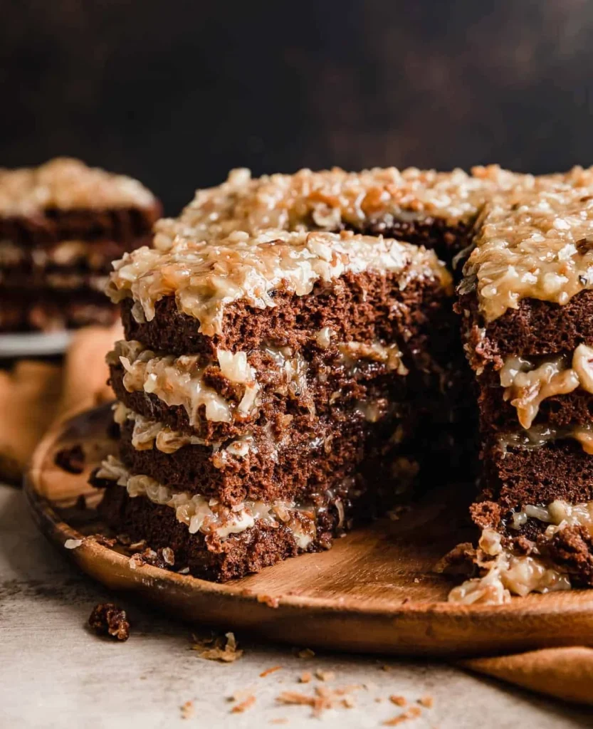 Slice of traditional German chocolate cake with coconut pecan frosting