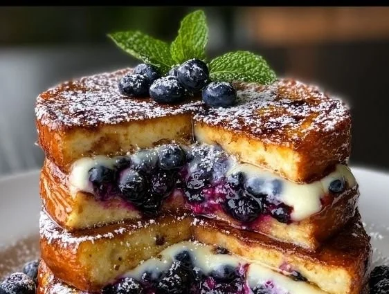 Delicious blueberry cheesecake stuffed French toast topped with blueberries and cream