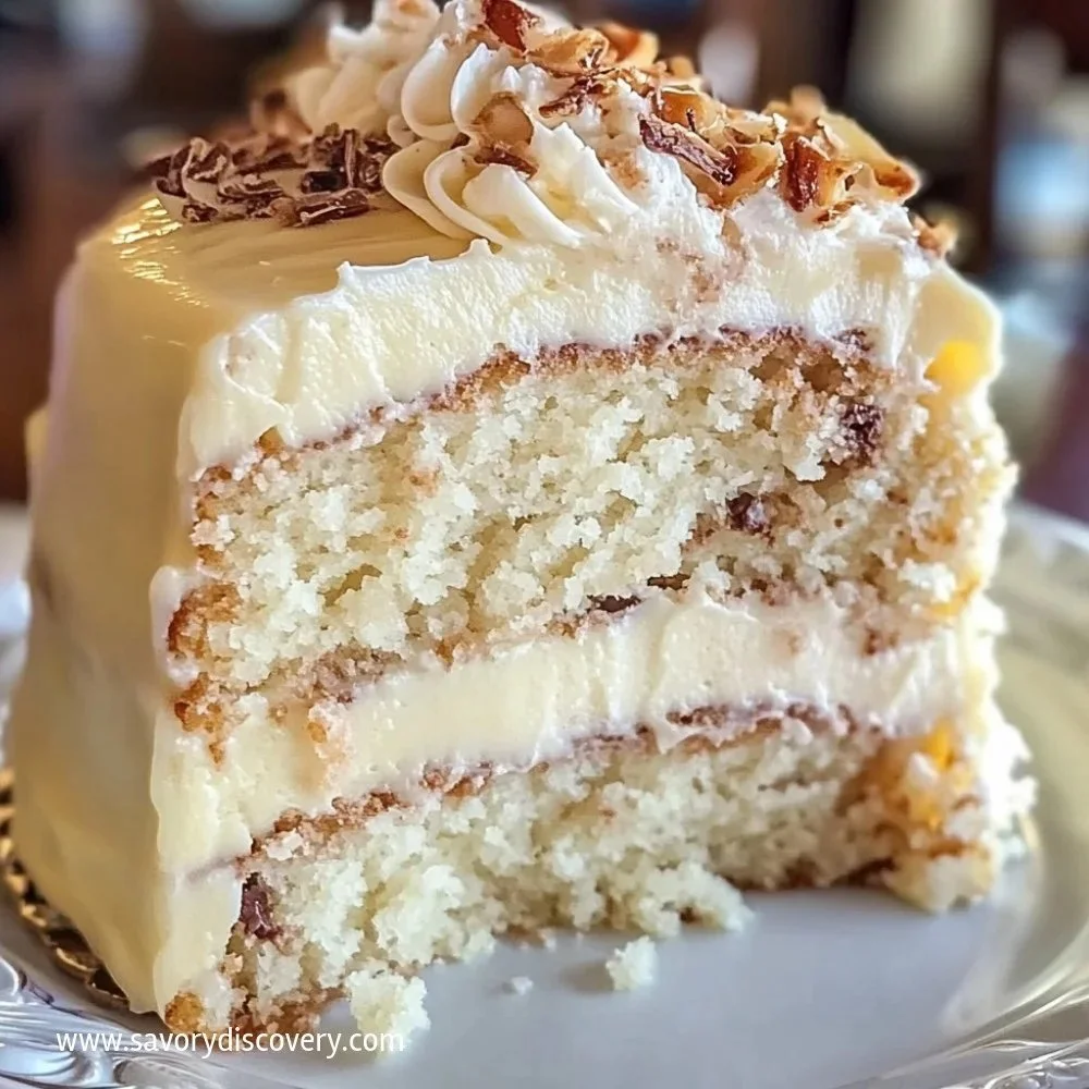 Slice of White German Chocolate Cake with coconut pecan frosting