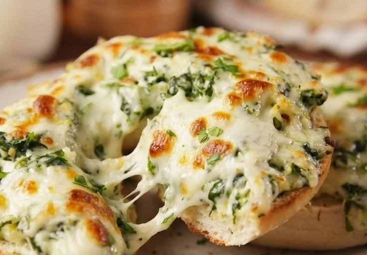 Alfredo Spinach Pizza Bagel Bites with cheese and spinach toppings.