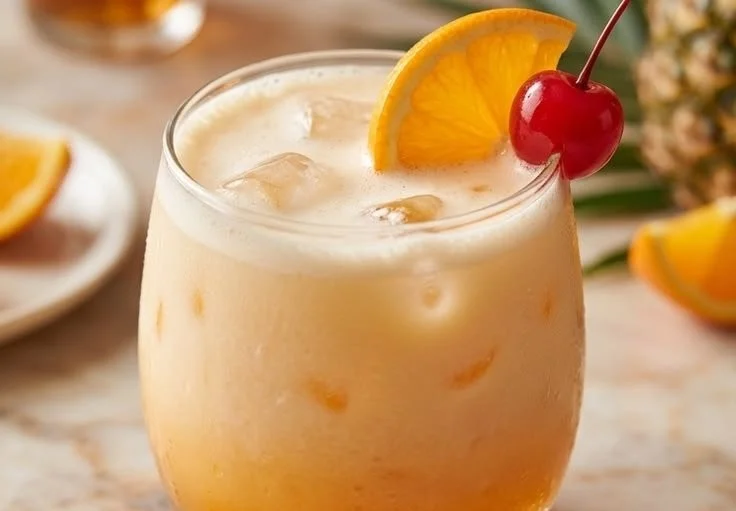 Refreshing Amaretto Island Punch cocktail in a tropical setting.