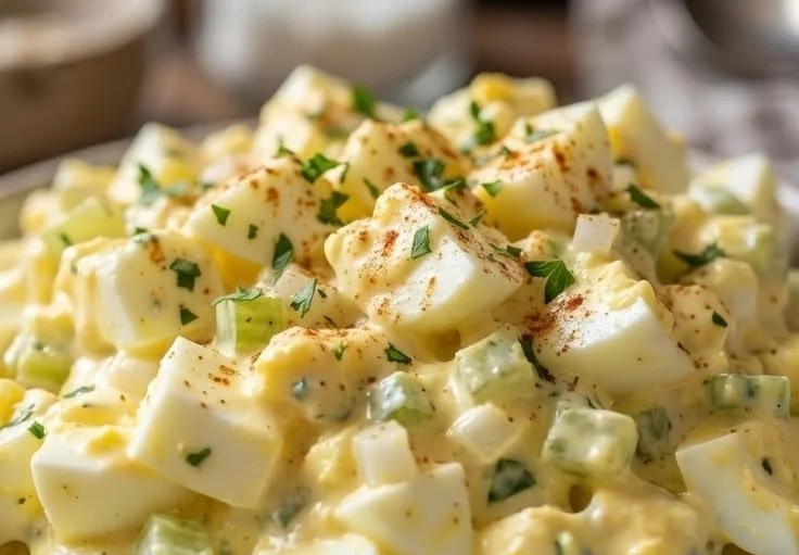 Bowl of traditional Amish Egg Salad garnished with herbs.