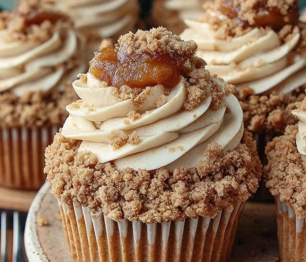 Apple Crumble Cupcakes topped with crumble and cinnamon icing.