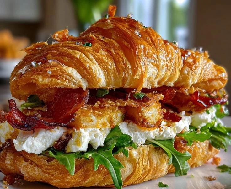 Apple and goat cheese croissant sandwich on a plate