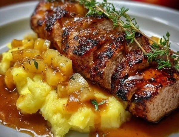 Applesauce Pork Tenderloin served with fresh herbs and sides