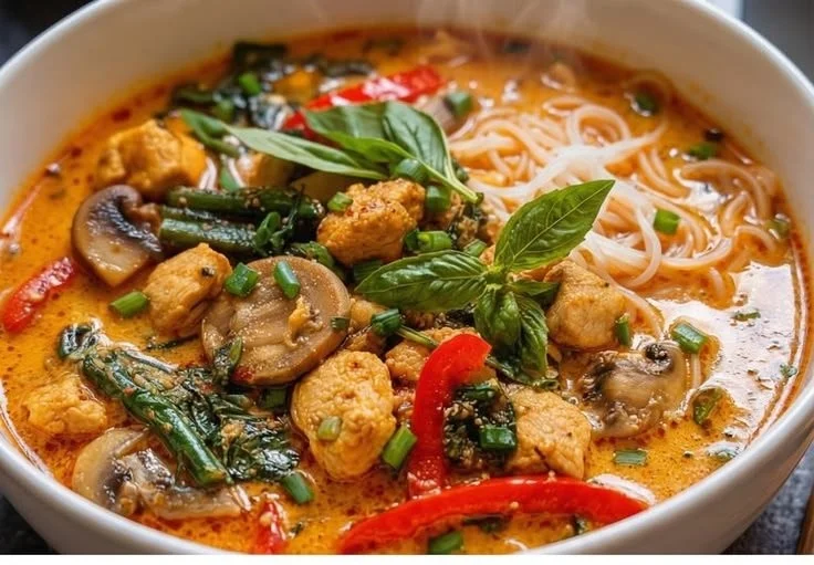 Bowl of authentic Thai Chicken Curry Soup with fresh herbs and spices