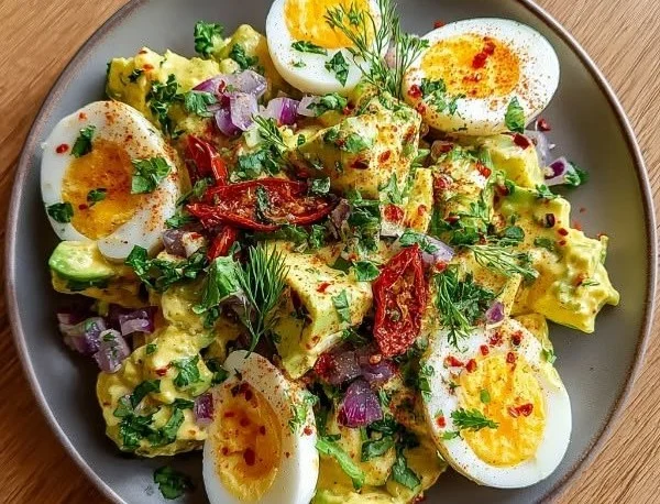 Creamy avocado egg salad served in a bowl with fresh herbs.