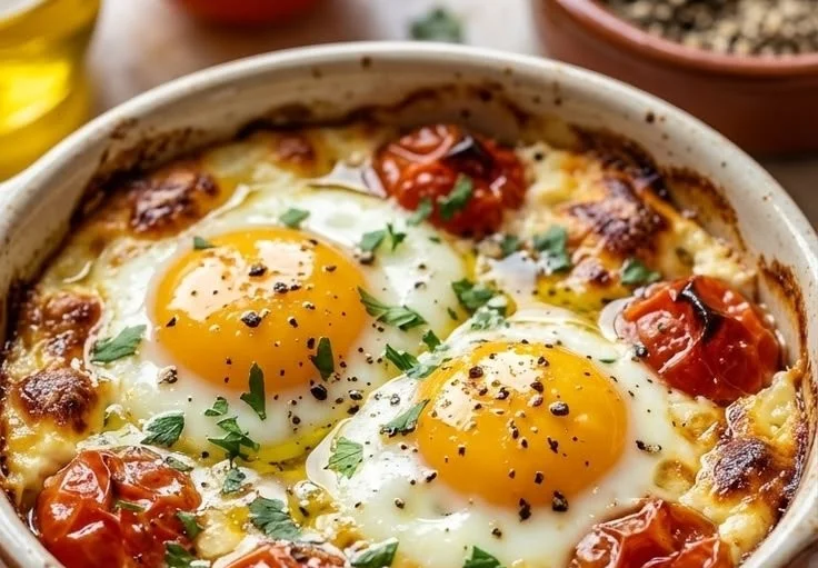 Delicious baked feta eggs topped with herbs and spices in a skillet