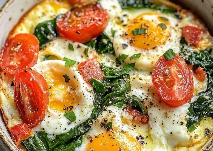 Baked feta eggs with spinach and tomatoes served in a rustic dish