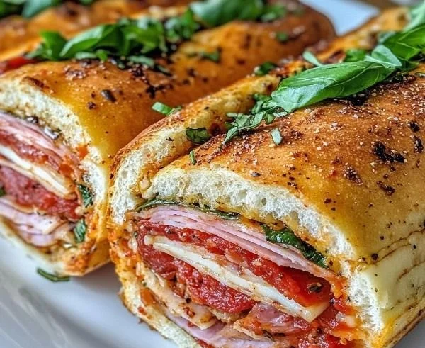 Delicious baked Italian grinder sandwiches with layers of meat and cheese